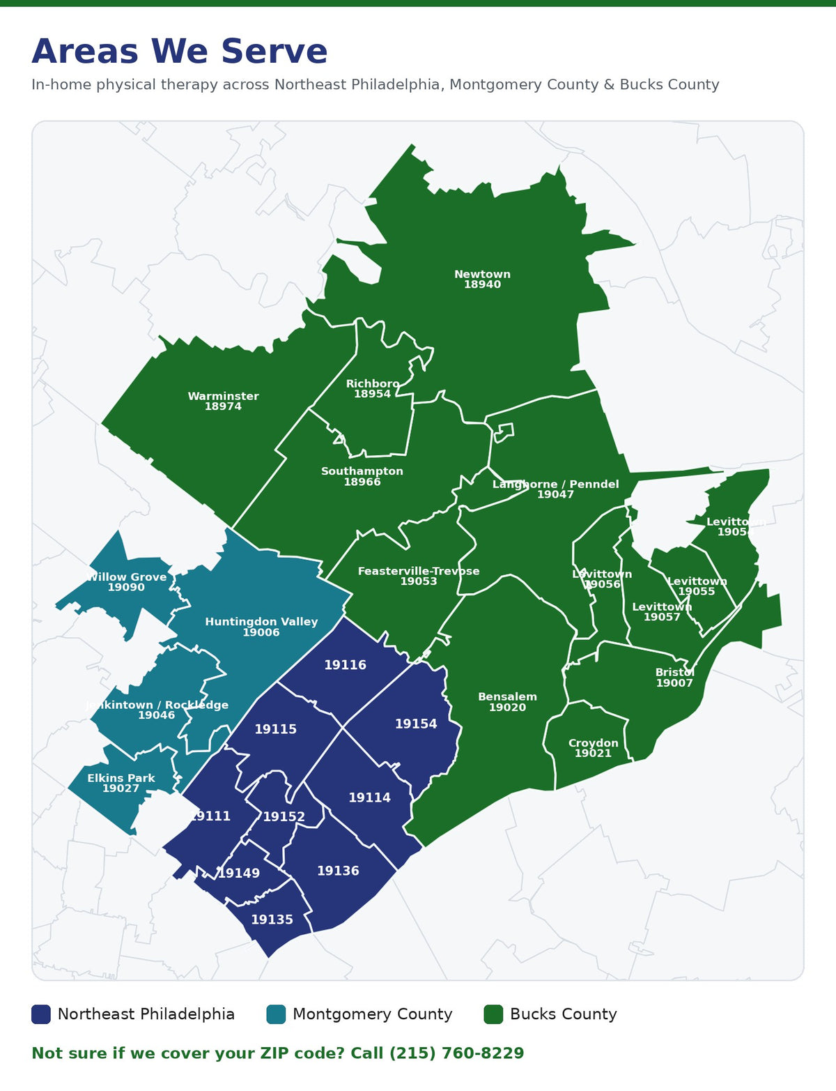 Map of the UPT Services in-home physical therapy coverage area: Northeast Philadelphia, Montgomery County and Bucks County ZIP codes